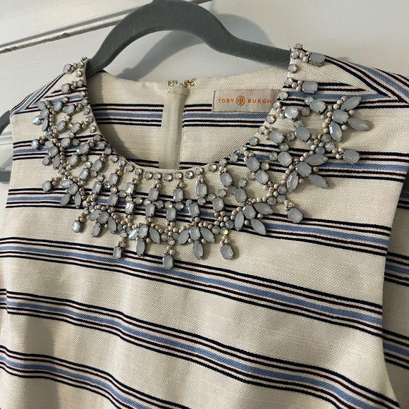 Tory Burch Cream/Blue &Brown Stripe Embellished Sheath Dress, Sz 12 - Picture 3 of 6